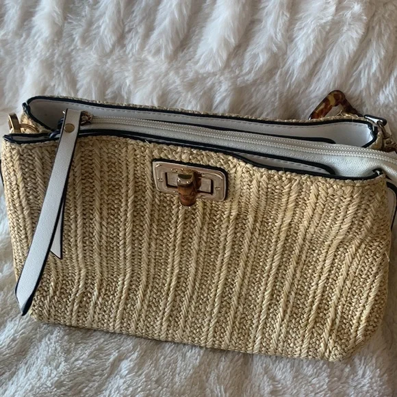 Sondra Roberts Squared straw and white leather handbag EUC - Picture 5 of 9